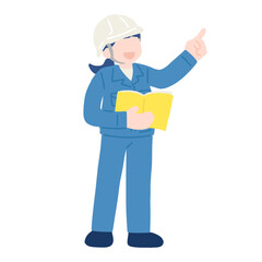 書類を持ち斜め上を指さして立つヘルメットをかぶった作業服の女性のフラットなイラスト
