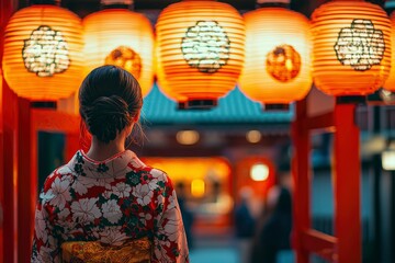 Obraz premium Woman in Traditional Japanese Kimono Walks Through a Red Gate with Lanterns