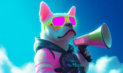 A white dog wearing neon sunglasses and a hoodie holds a megaphone against a bright blue sky.