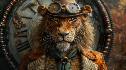 Obraz premium Steampunk Lion with Goggles and Clockwork Background