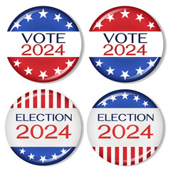 2024 United States of America presidential election pinback button design template set. Voting 2024 vector illustration icon isolated on white background.