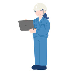 手に持ったノートパソコンを見ているヘルメットをかぶった作業服の女性のフラットなイラスト
