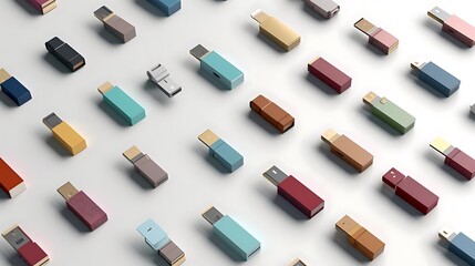 A collection of colorful USB flash drives arranged in a grid pattern.