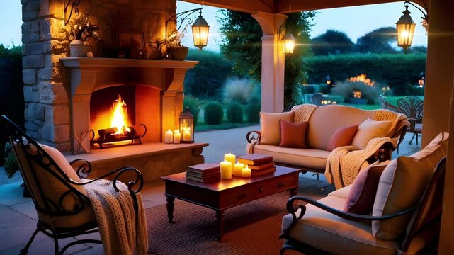 Fireplace on the back patio with chairs and table. Seamless 4K looping timelapse video animation background