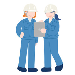 タブレットを見ながら話すヘルメットをかぶった作業服の女性2人のフラットなイラスト

