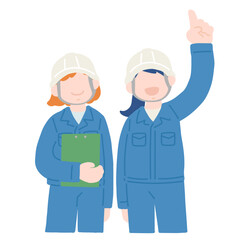 上を指さしながら見上げるヘルメットをかぶった作業服の女性2人のフラットなイラスト
