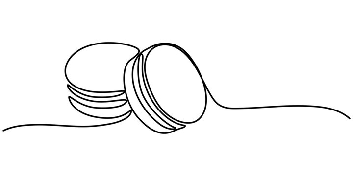 Continuous one line drawing of colorful French macaroons isolated on white background, cookie drawing by one continuous line, vector, Macaroons cookies one continuous line art drawing vector