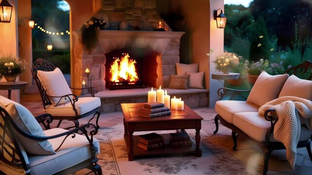Fireplace on the back patio with chairs and table. Seamless 4K looping timelapse video animation background
