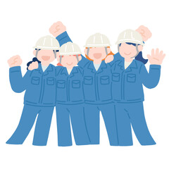 楽しそうに肩を組むヘルメットをかぶった作業服の女性4人のフラットなイラスト
