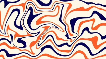 This abstract design features swirling, distorted lines in vibrant blue, orange, and beige, creating a dynamic sense of movement and fluidity throughout the composition.
