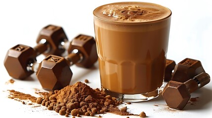 A glass of chocolate drink beside small dumbbells, symbolizing fitness and indulgence.