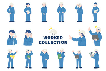 いろいろなポーズをしたヘルメット・作業服の女性のフラットなイラスト(セット)

