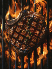 Grilled Ribeye Steak with Perfect Grill Marks Over Open Flame