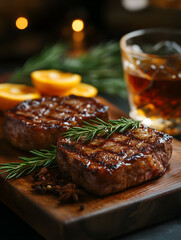 Perfectly Seared Steaks with Rosemary and Citrus on Rustic Board
