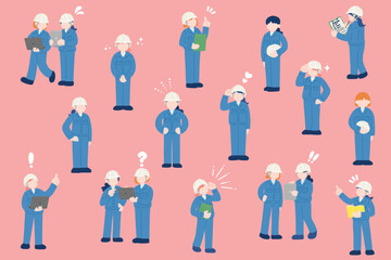 ヘルメット・作業服の女性と簡単な気分アイコンのフラットなイラスト(セット)
