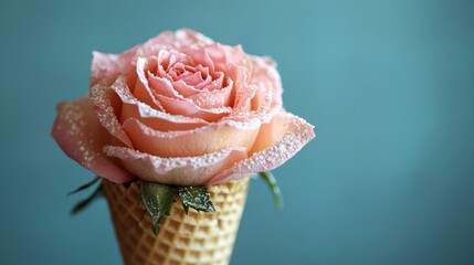 Pink rose in a waffle cone with sugar powder on blue background, creative floral concept
