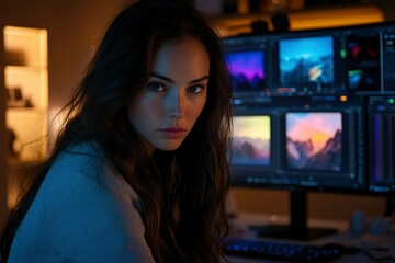 Close-up portrait of a young woman in a dimly lit room, looking at a computer screen.