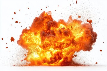 Fire explosion on white background. Yellow and orange flame after a blast, fiery background