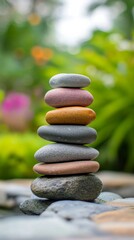 Stacked colorful pebbles in a serene garden