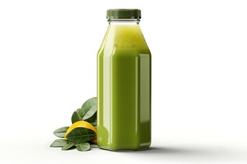 A green juice bottle with leaves and a lemon, showcasing freshness and health.