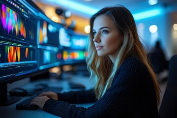 Fototapeta premium Woman Working on a Computer with Color-Coded Data Displayed