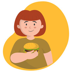 Person Eating Hamburger Illustration with Cute Cartoon Design and Shape. Isolated Vector Character