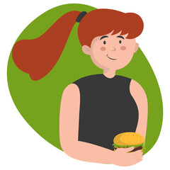 Person Eating Hamburger Illustration with Cute Cartoon Design and Shape. Isolated Vector Character