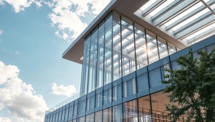  A sleek, contemporary architectural design showcasing a glass-walled building reflecting the clear blue sky and clouds.