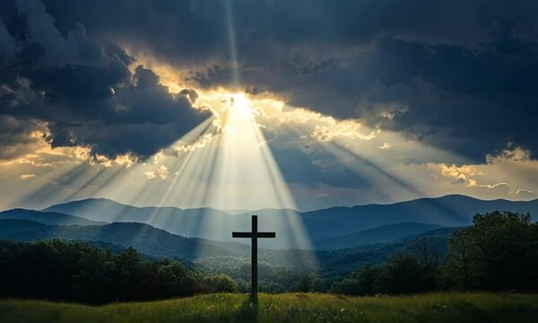 the cross is covered in holy light at mountain