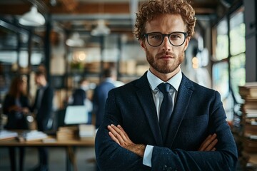 Fototapeta premium Confident Businessman with Arms Crossed in Office Setting