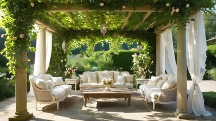 A sofa and table under a wooden pergola in the garden. Seamless 4K looping timelapse video animation background