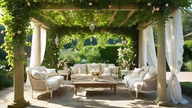 A sofa and table under a wooden pergola in the garden. Seamless 4K looping timelapse video animation background