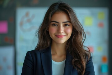 Naklejka premium Portrait of a Smiling Young Woman in a Blue Blazer
