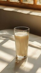A glass of milk on a table, illuminated by natural light.