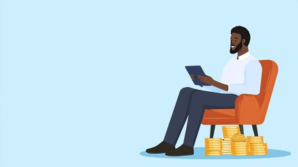 A man sits comfortably in an orange chair, engaging with a tablet, surrounded by stacks of coins, symbolizing financial success and leisure.