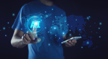 A successful businessman embraces AI technology to innovate and thrive in the fast-paced global business world.