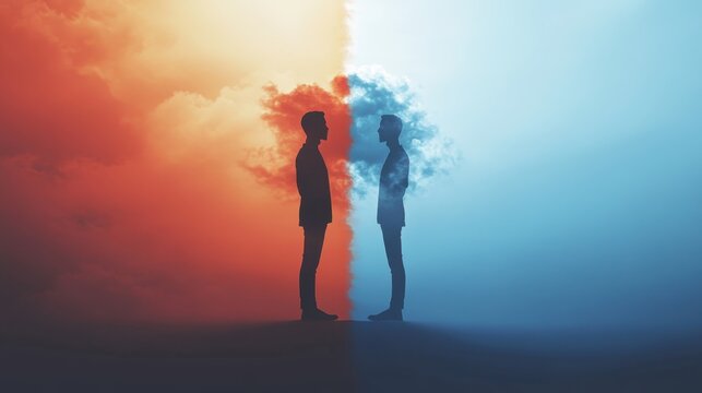 Two human figures standing on opposite sides of the color orange and blue, encounter opposites, between opposing forces light versus dark, good versus evil