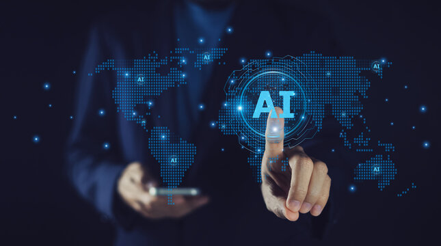 A successful businessman embraces AI technology to innovate and thrive in the fast-paced global business world.