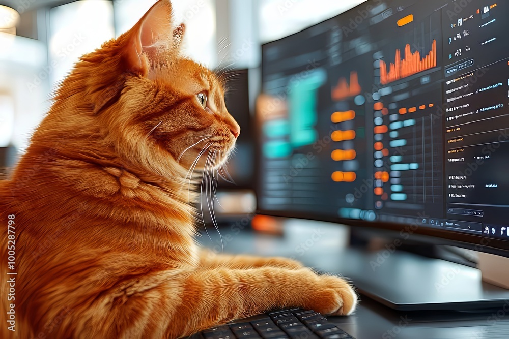 Poster a curious orange cat observing data analysis on a computer screen in a bright office workspace durin