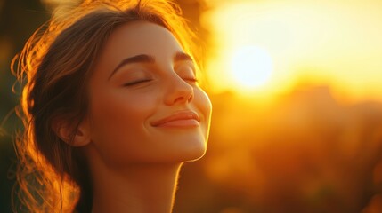 Young woman with her eyes closed and a serene expression, basking in the warmth of the golden sunlight