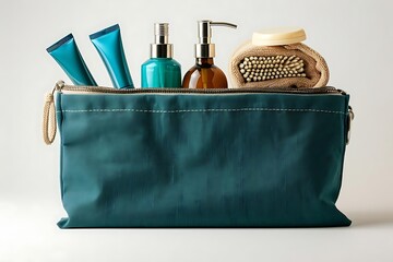 A teal cosmetic bag filled with personal care products.