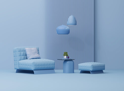 Creative interior design in viva magenta, blue studio with lamp and two armchair. 3D rendering for web page. Creative composition. Sale concept	
