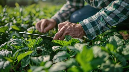 Obraz premium Close-up of farmer's hands using a tablet to inspect crops in a field.