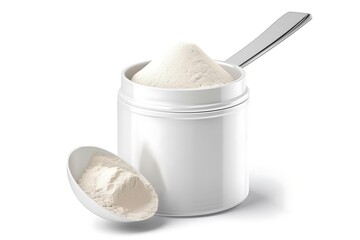 A container of white powder with a scoop beside it, likely for food or supplement use.