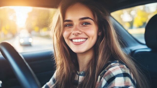 Pretty teenage student driver in a car with a smile.