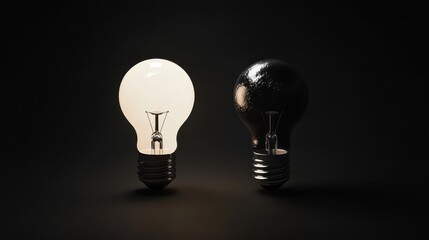 Light vs dark, two bulbs against the dark backdrop, one illuminated bright and the other in dark black, Good versus evil concept.