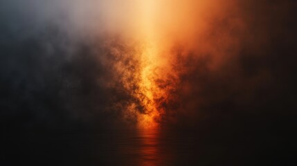 Obraz premium Orange light pierces through dense, dark clouds of smoke, casting a warm glow on a reflective surface below