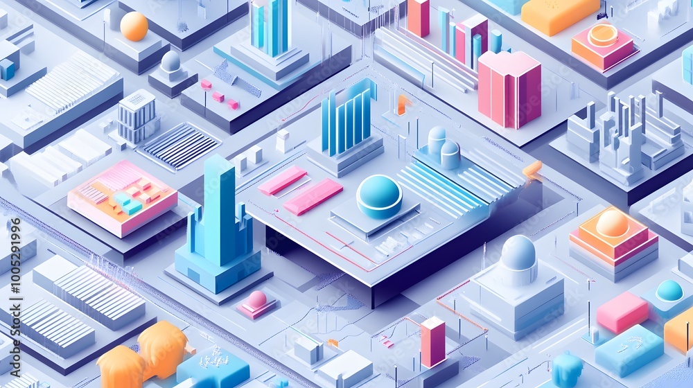 Poster illustration of a grid system in an isometric projection, demonstrating how visual elements are orga
