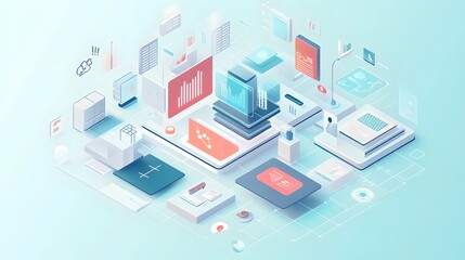 Illustration of a grid system in an isometric projection, demonstrating how visual elements are organized in a flat design infographic