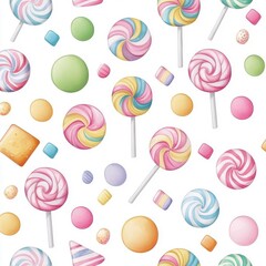 Watercolor seamless pattern featuring lollipops, isolated on a white background, showcasing vibrant and artistic designs.